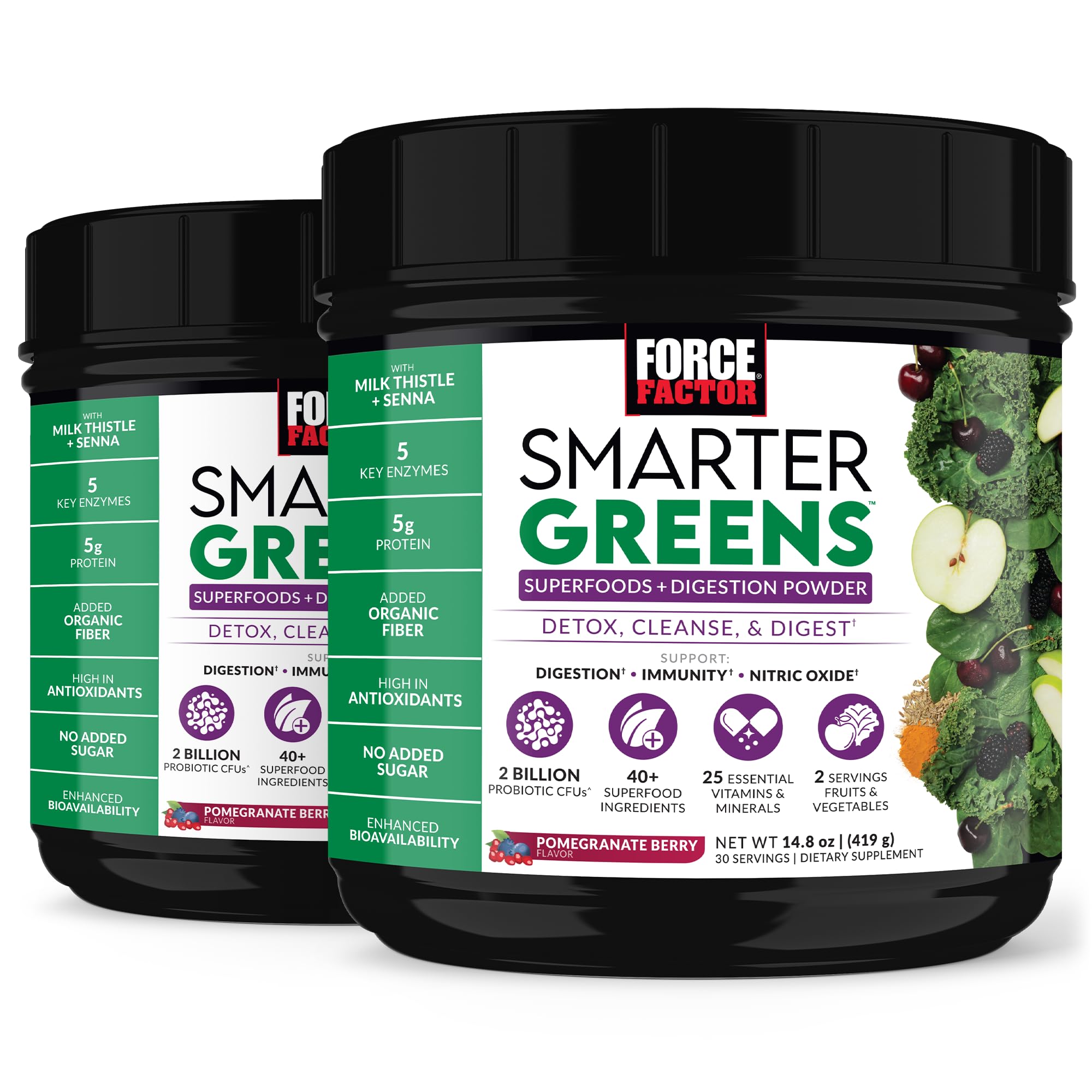 Force Factor Smarter Greens powder bottle on the counter for daily digestion support.