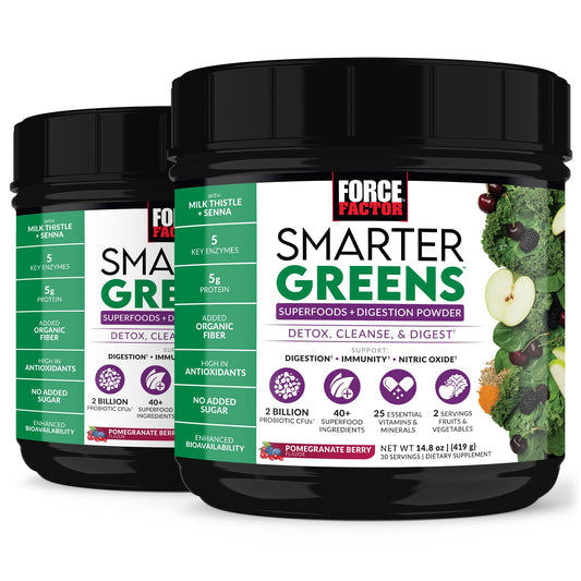 Force Factor Smarter Greens powder bottle on the counter for daily digestion support.
