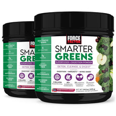 Force Factor Smarter Greens powder bottle on the counter for daily digestion support.