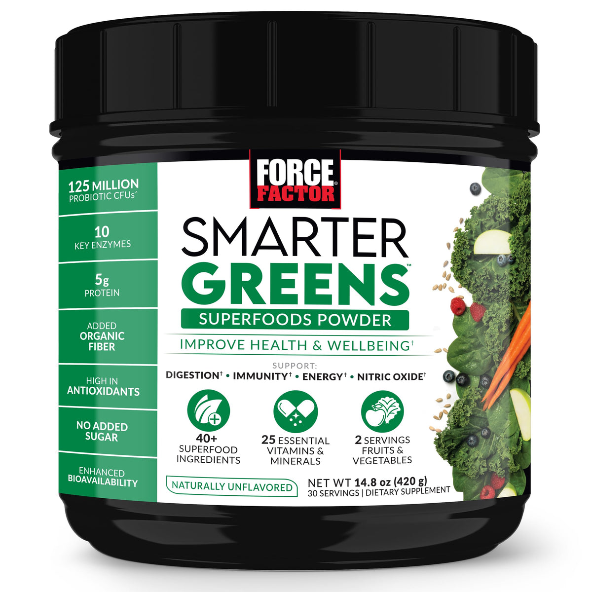 Force Factor Smarter Greens powder tub ready for daily energy support.