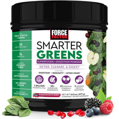Force Factor Smarter Greens powder tub displaying 40+ superfoods for daily energy