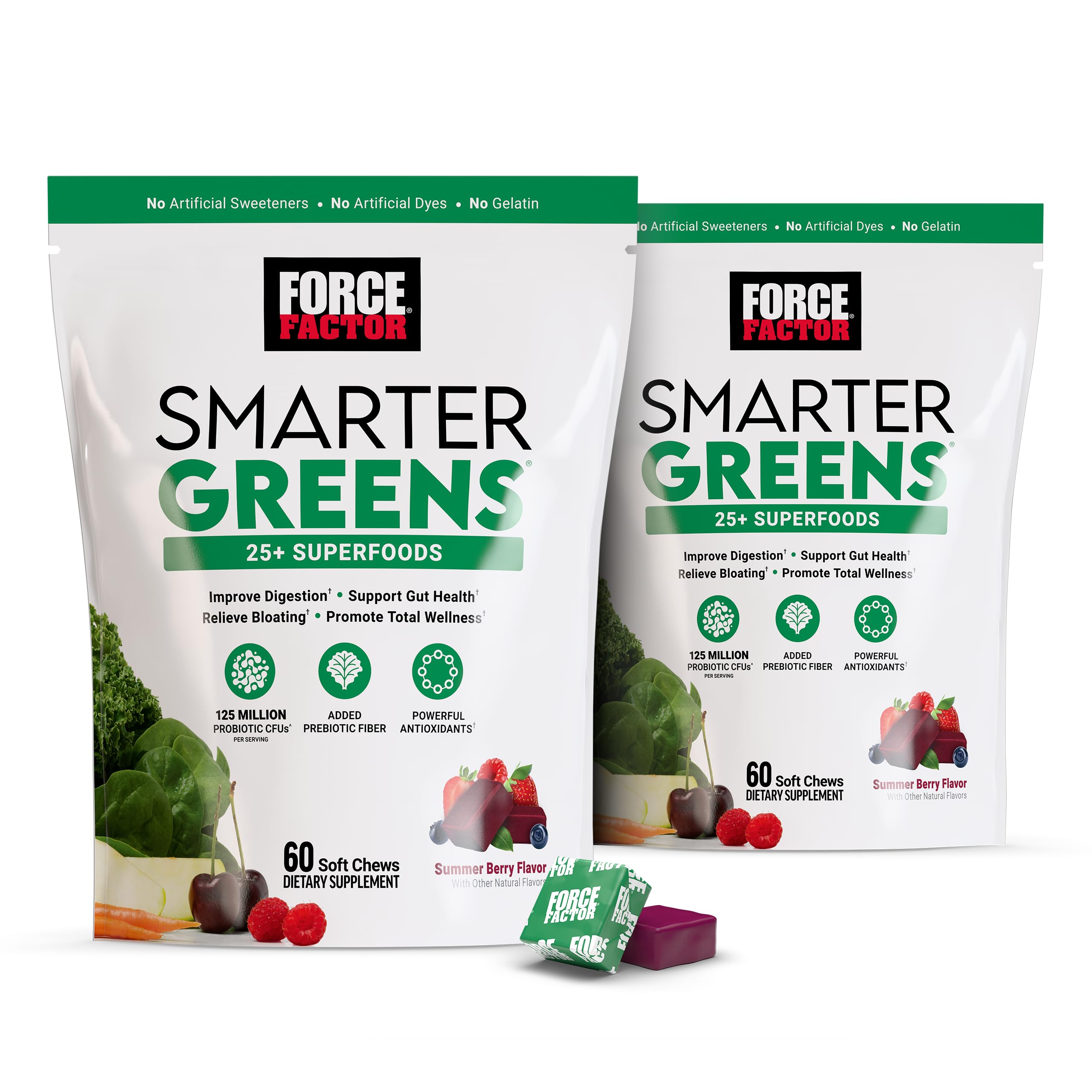 Force Factor Smarter Greens soft chews bottle shows convenient on-the-go nutrition.