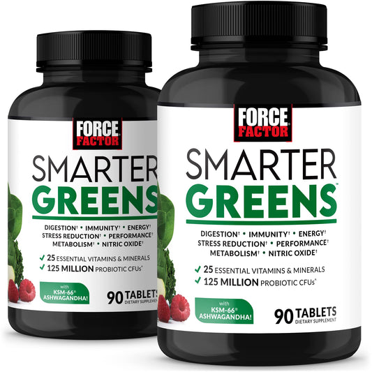 Force Factor Smarter Greens tablets bottle front view supporting daily digestion and energy