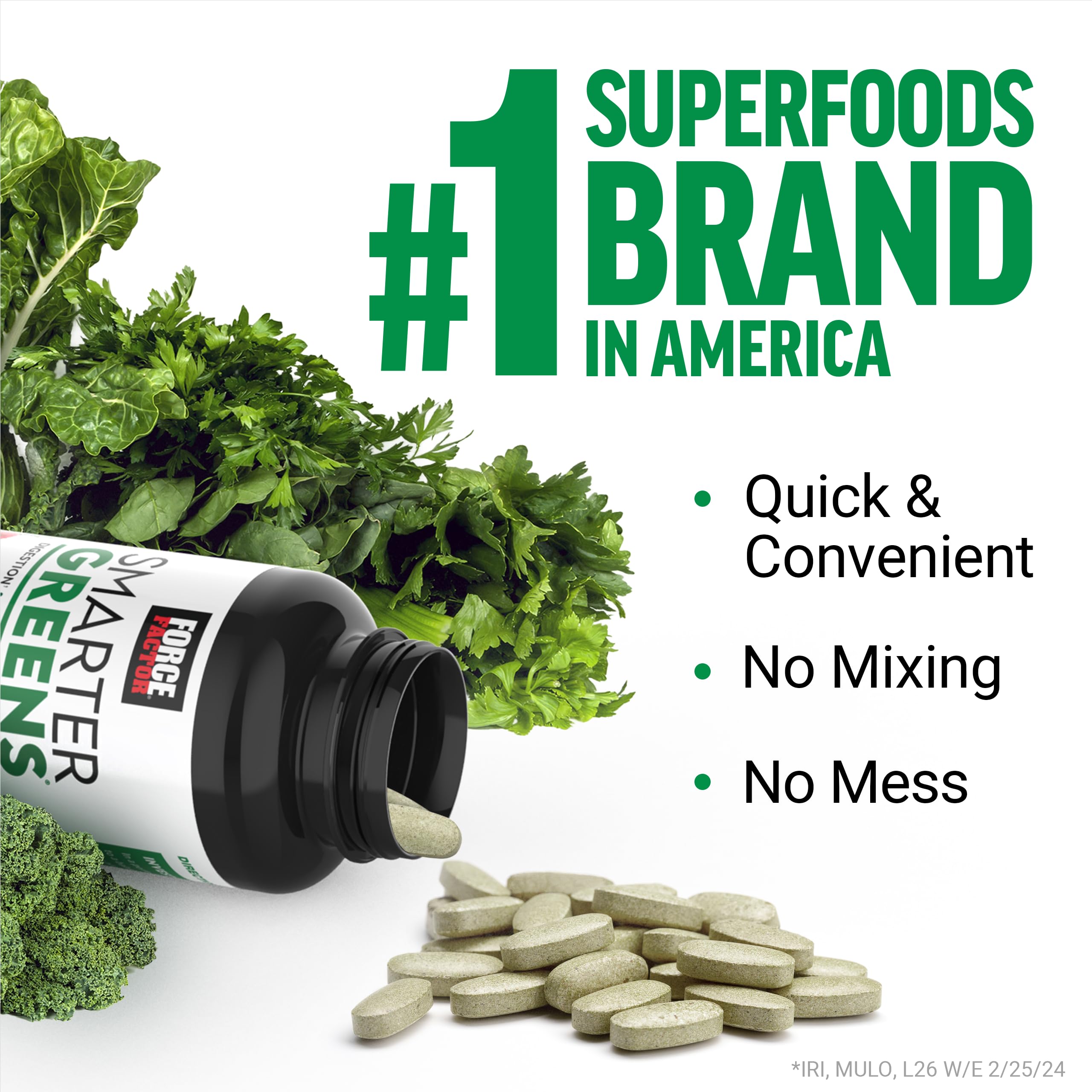 Close-up of Force Factor Smarter Greens tablets highlighting the probiotic blend