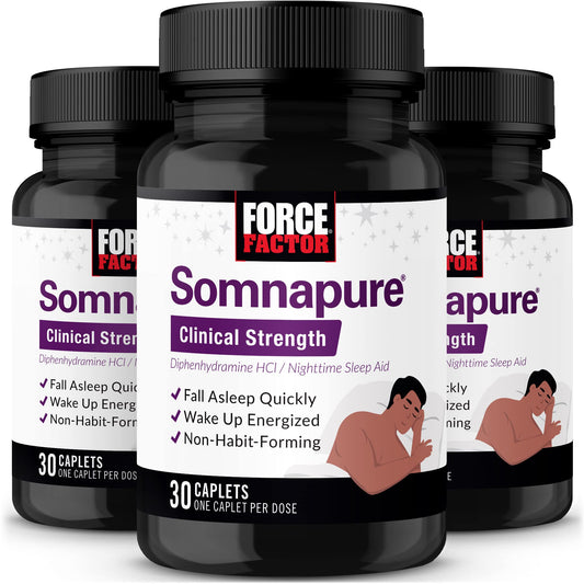 Force Factor Somnapure Clinical Strength bottle front view suggests quick sleep onset.