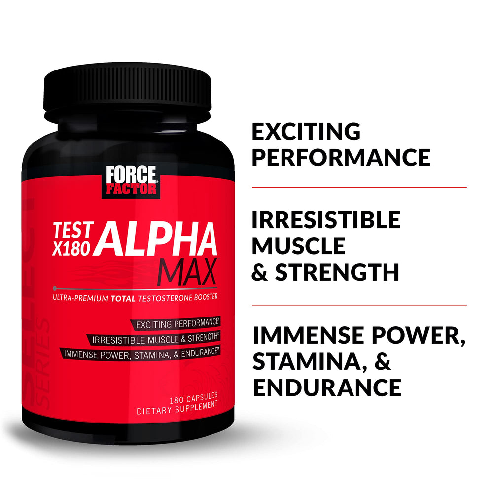 Force Factor Test X180 Alpha Max bottle back label highlighting ingredients