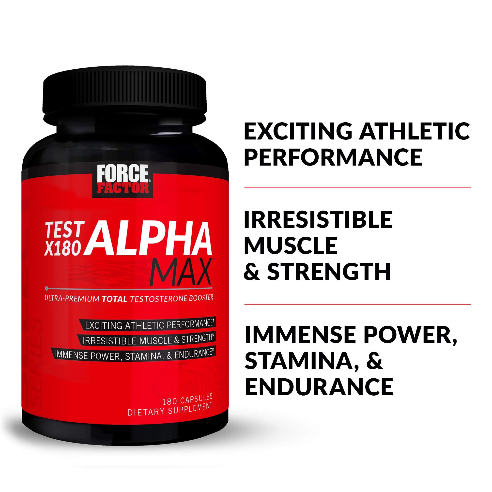 Force Factor Test X180 Alpha Max bottle-back presents ingredient benefits and usage guidance