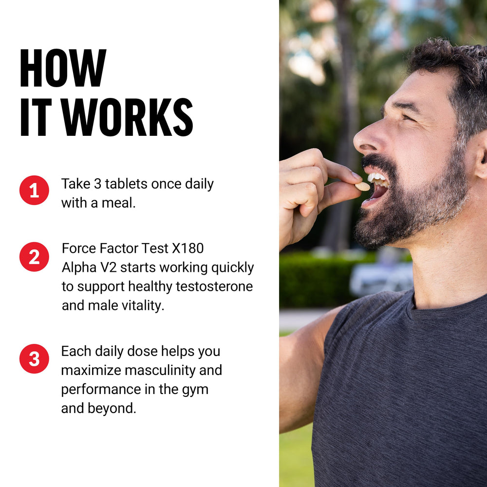 Force Factor Test X180 Alpha V2 tablets close-up for easy daily dosing