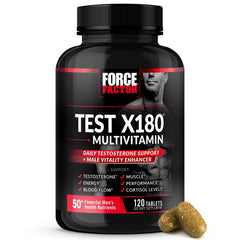Force Factor Test X180 bottle label highlighting daily testosterone-support ingredients.