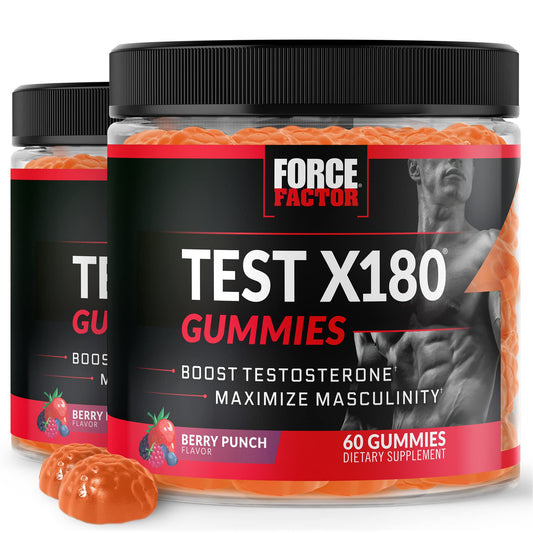 Force Factor Test X180 gummies bottle with daily on-the-go vitality.