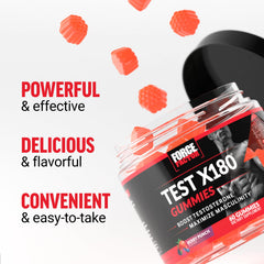 Force Factor Test X180 gummies packaging display for retail use.