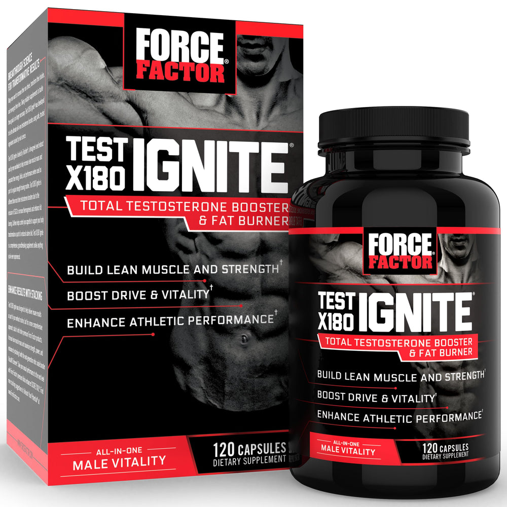 Force Factor Test X180 Ignite bottle label showing branding and energy-boosting formula.