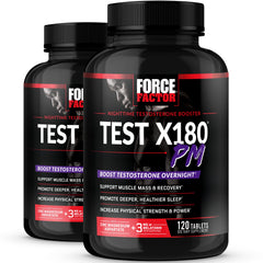 Force Factor Test X180 PM bottle-front view highlighting overnight support potential