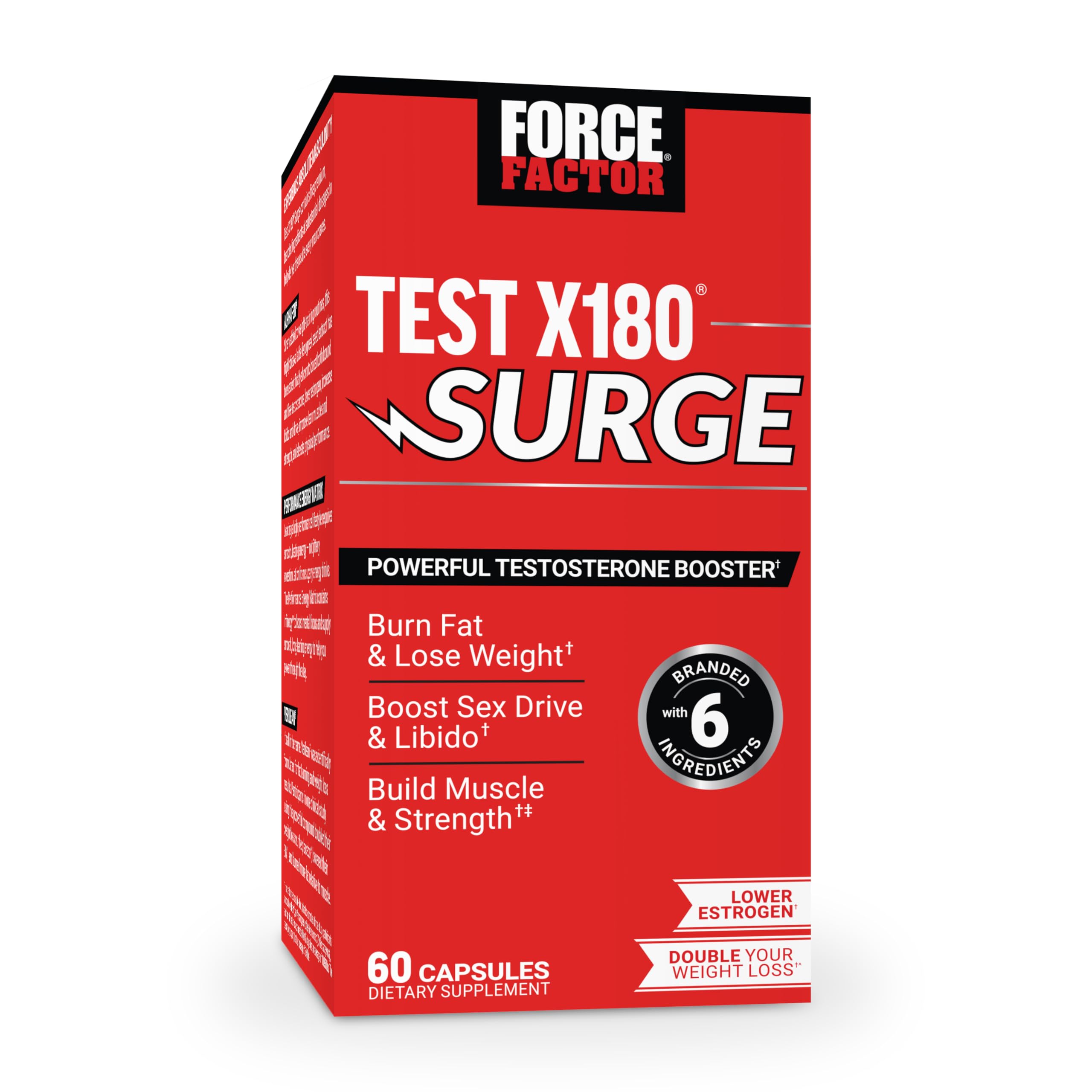 Force Factor Test X180 Surge bottle highlighting testosterone support for men's vitality in workouts