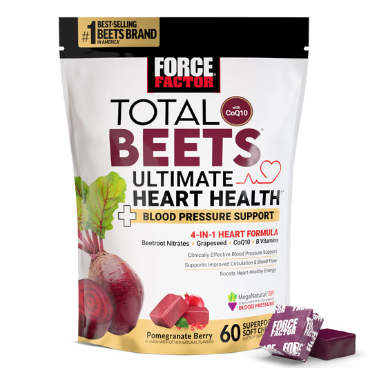 Force Factor Total Beets bottle close-up highlighting heart health support.
