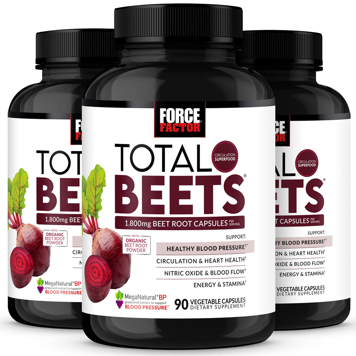 Force Factor Total Beets bottle front shows the label highlighting beet root formula for circulation support.
