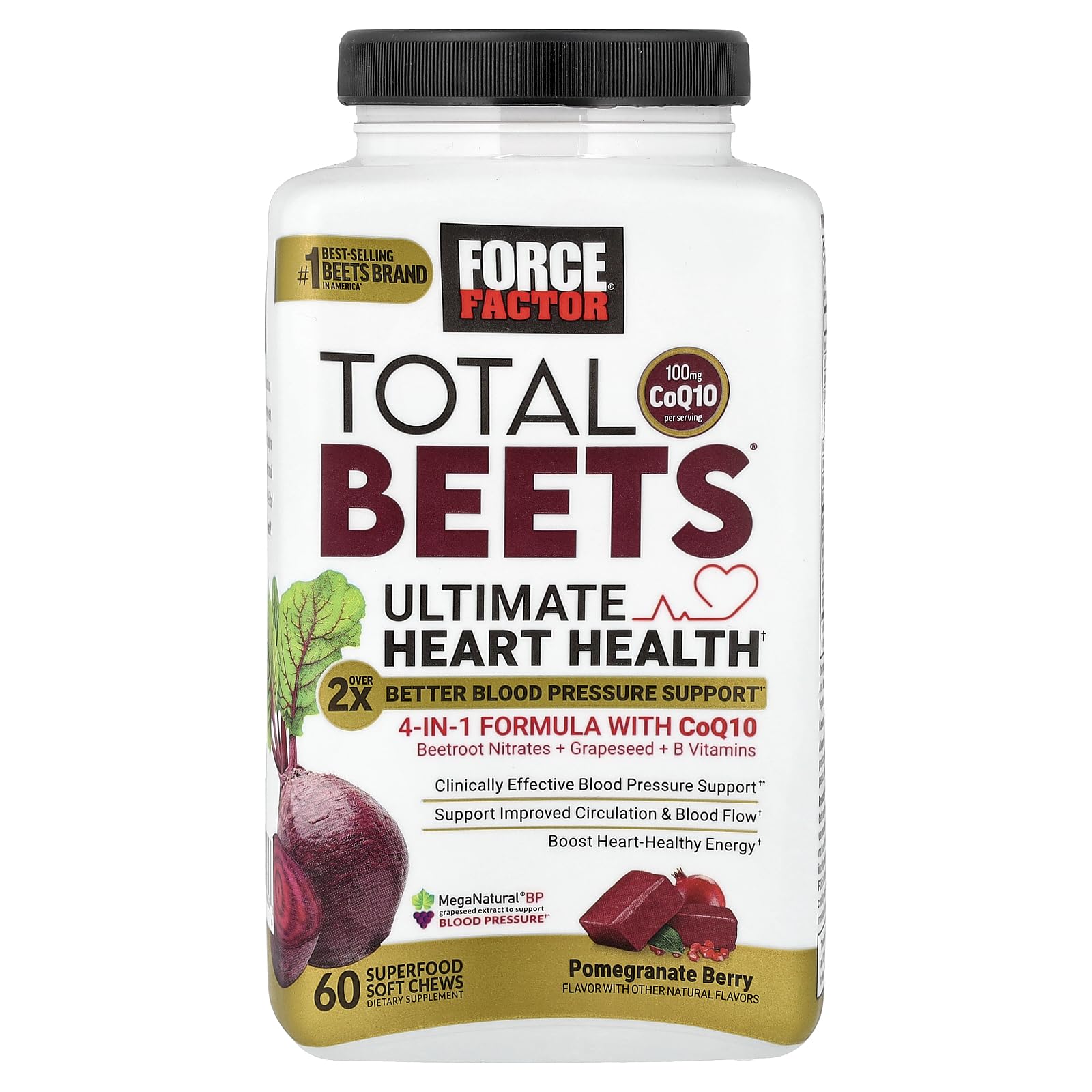 Force Factor Total Beets bottle label featuring beetroot powder and CoQ10 for energy support.