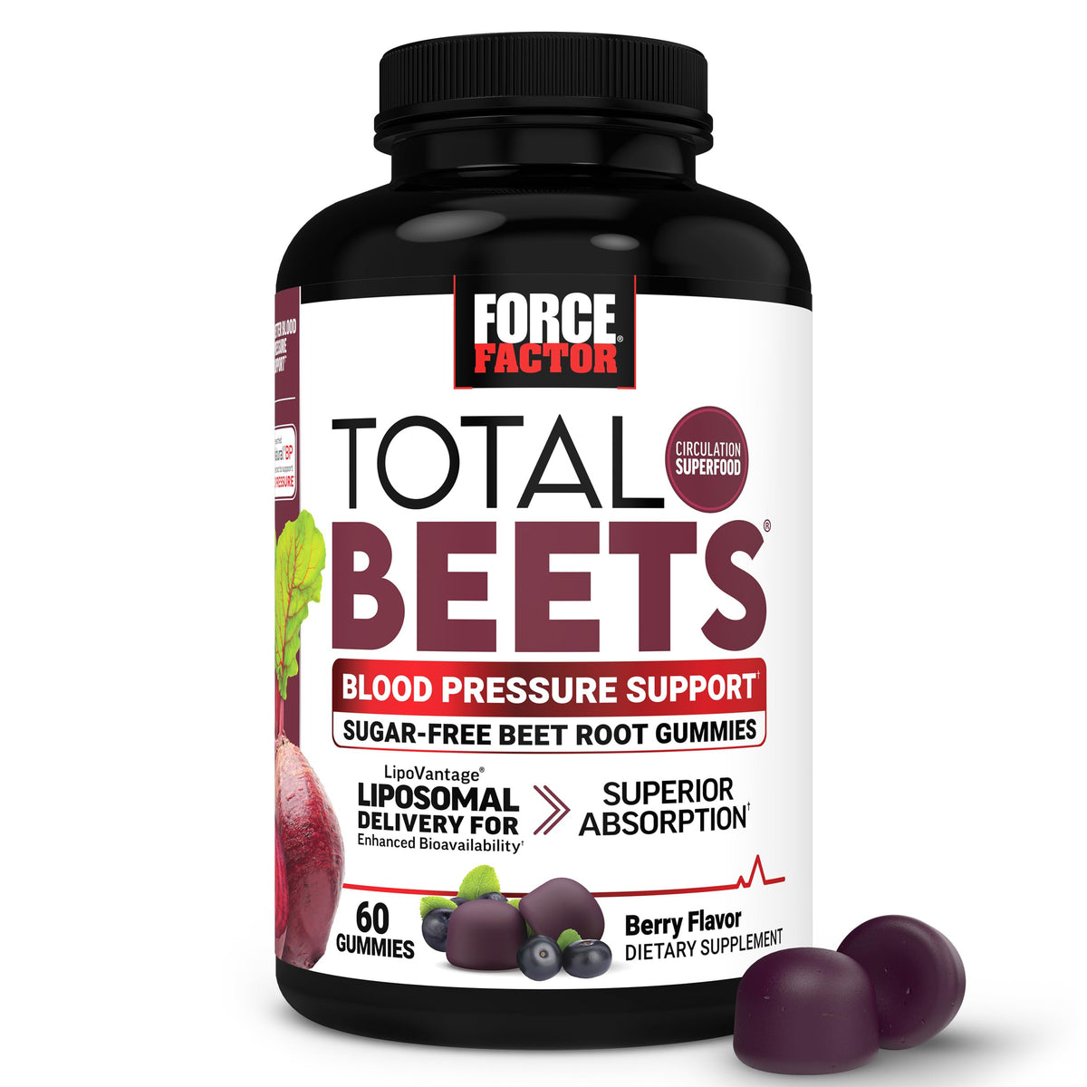 Force Factor Total Beets bottle label highlighting heart health support for daily use