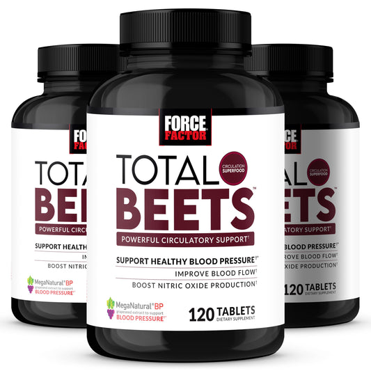 Force Factor Total Beets bottle pour showing convenient circulation support.