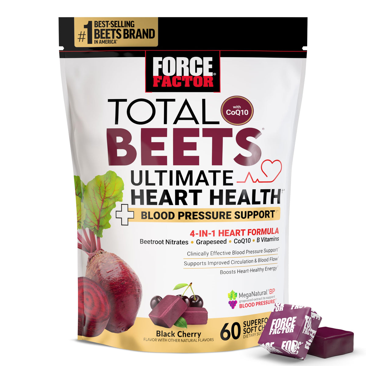Force Factor Total Beets bottle with 60 soft chews for daily heart support