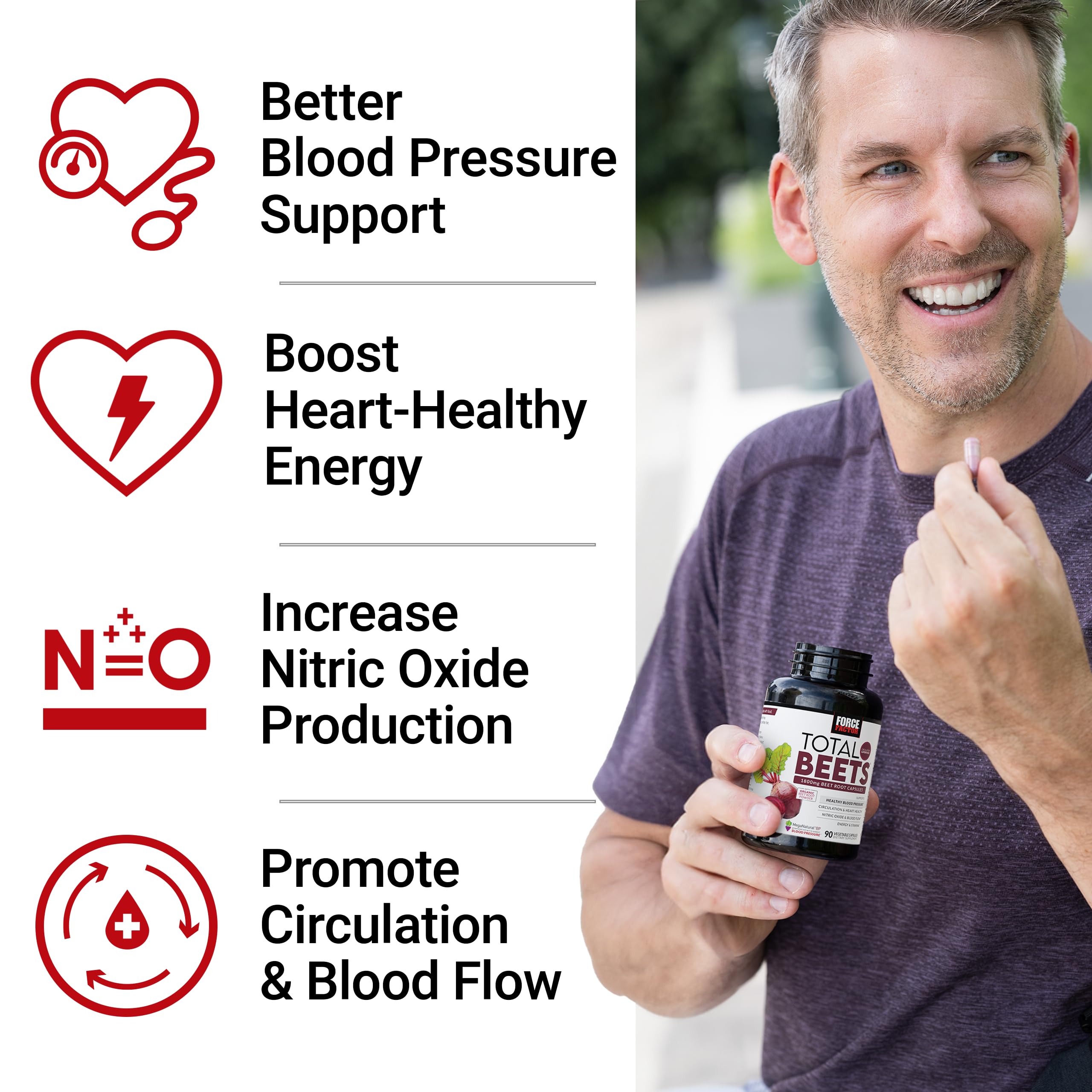 Force Factor Total Beets capsules poured into glass illustrate convenient daily beet root intake for circulation.