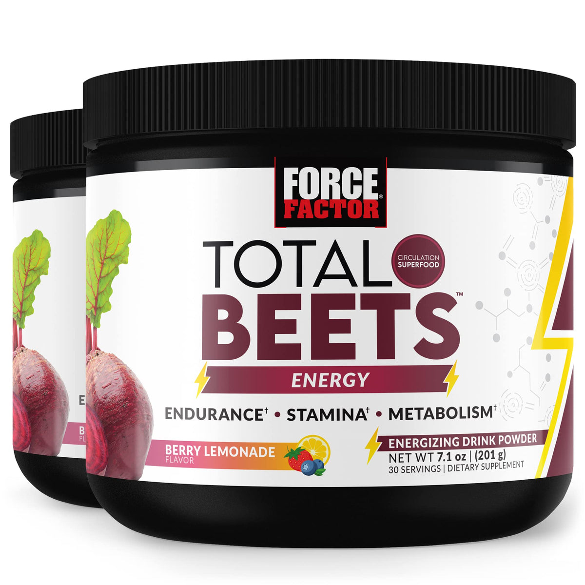 Force Factor Total Beets Energy Powder bottle pour shows quick energy lift