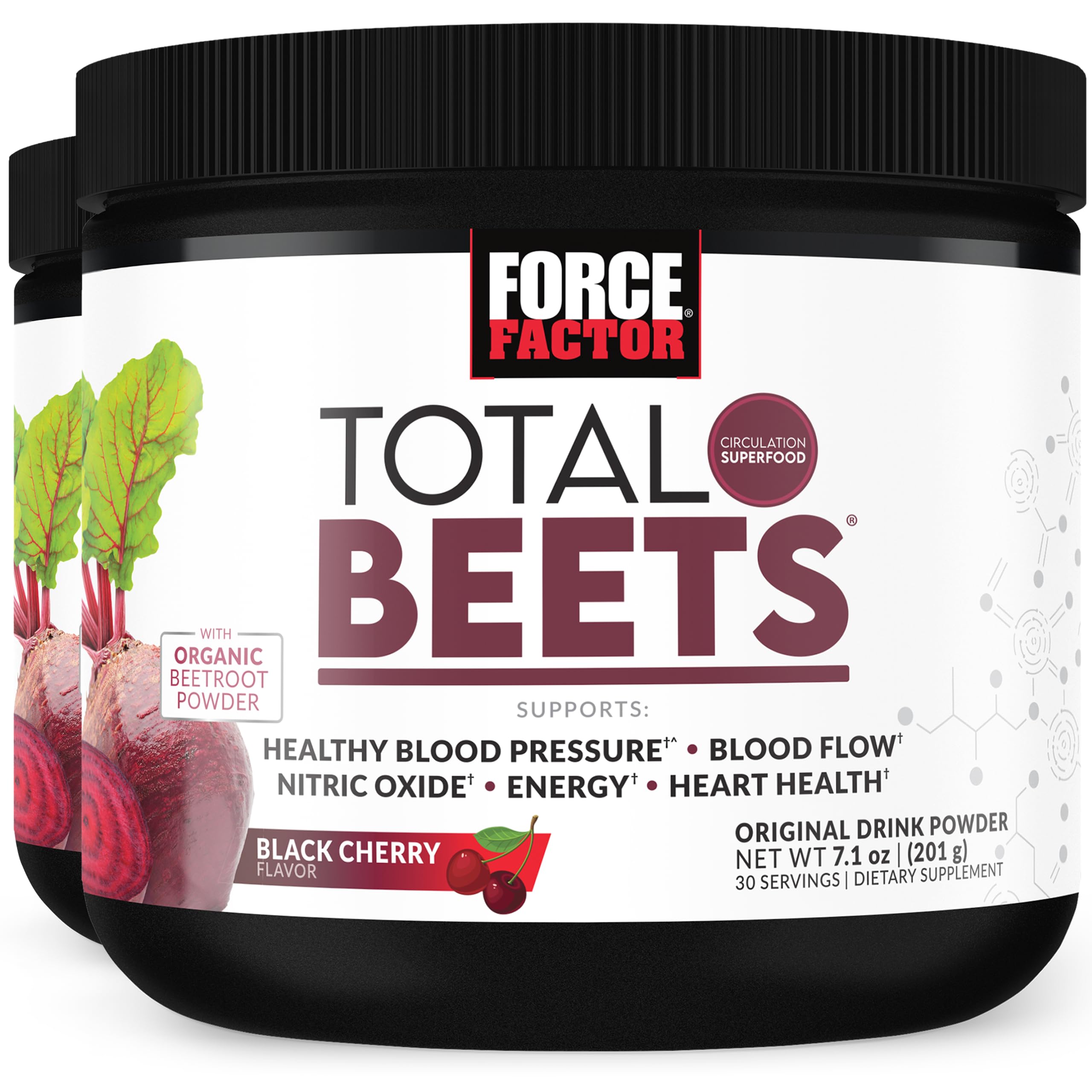 Force Factor Total Beets powder jar label highlighting beetroot blend for daily energy