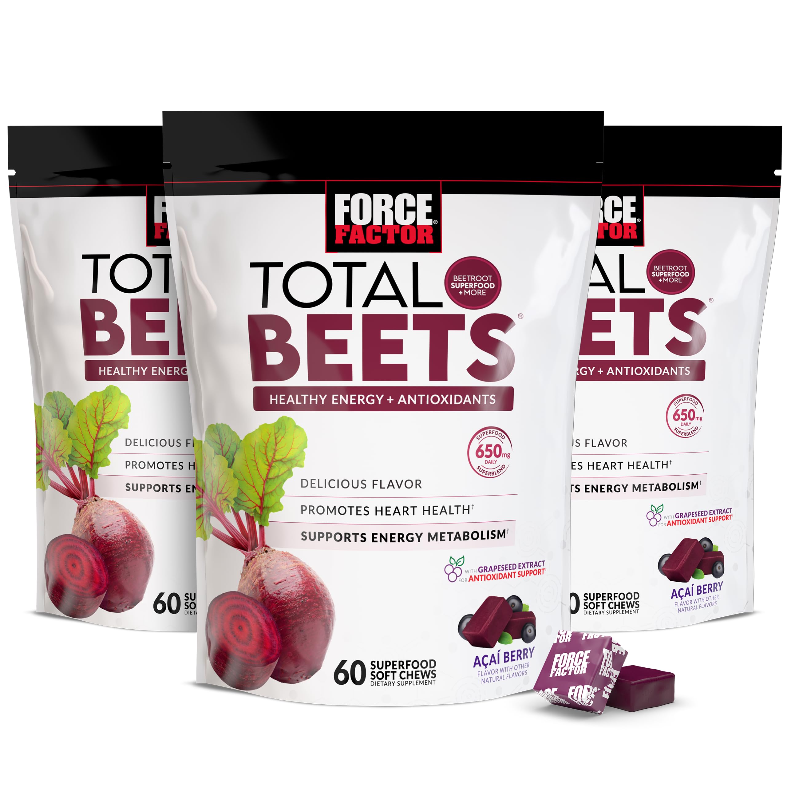 Force Factor Total Beets soft chews unwrapped in hand for on the go energy