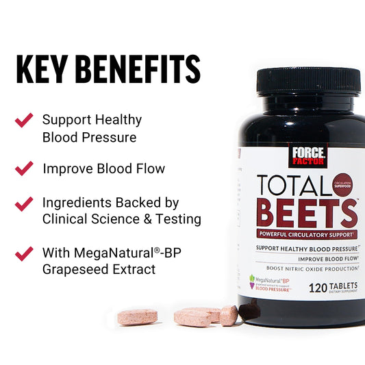 Total Beets tablets close-up highlighting beetroot formula for nitric oxide support.