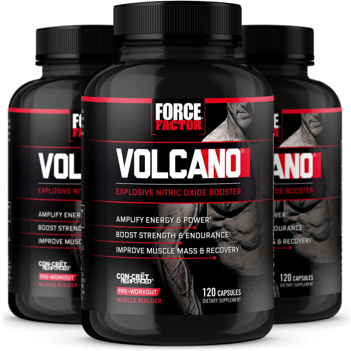 Force Factor Volcano bottle label shows bold nitric oxide support design