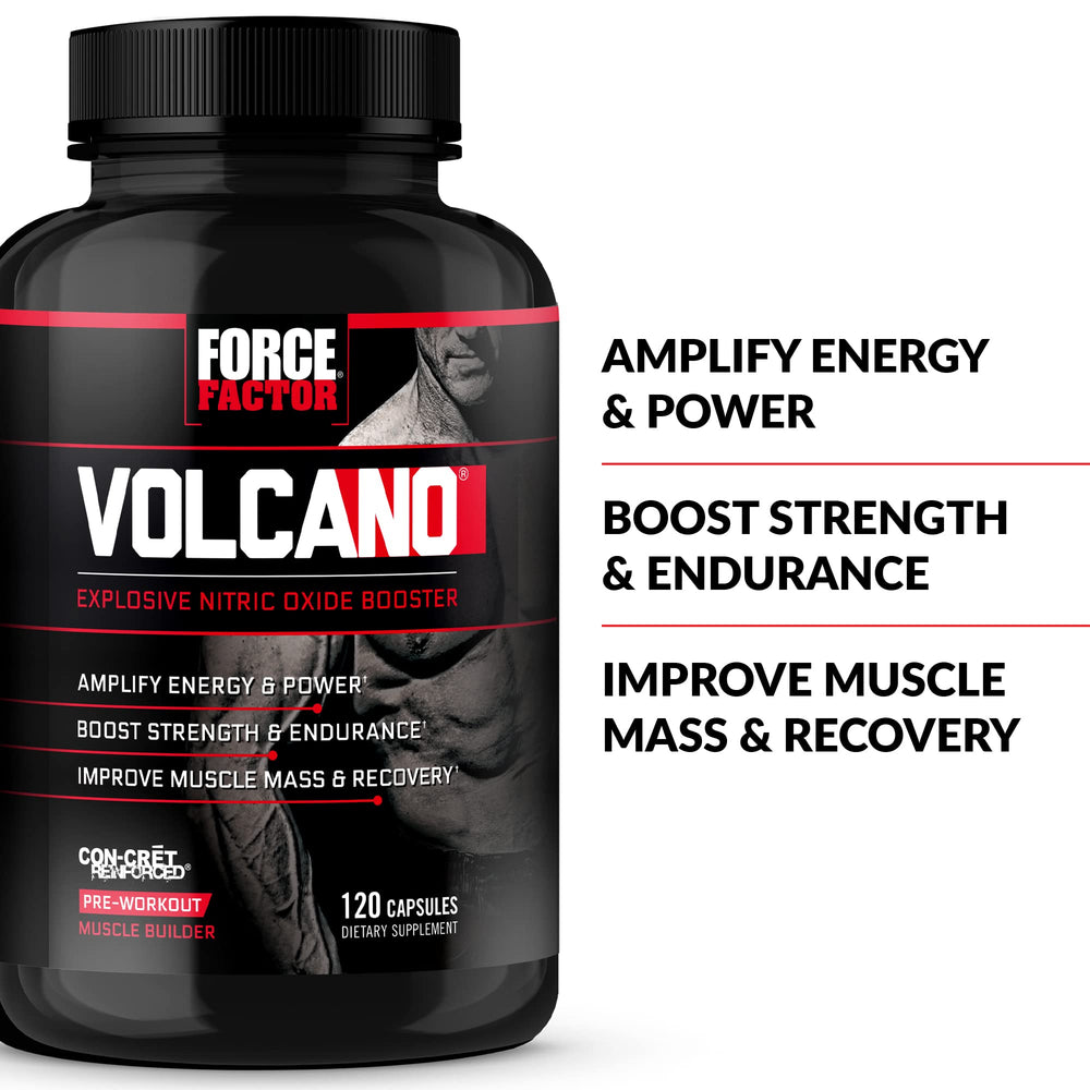 Force Factor Volcano tub packaging highlights 120-count supply for workouts