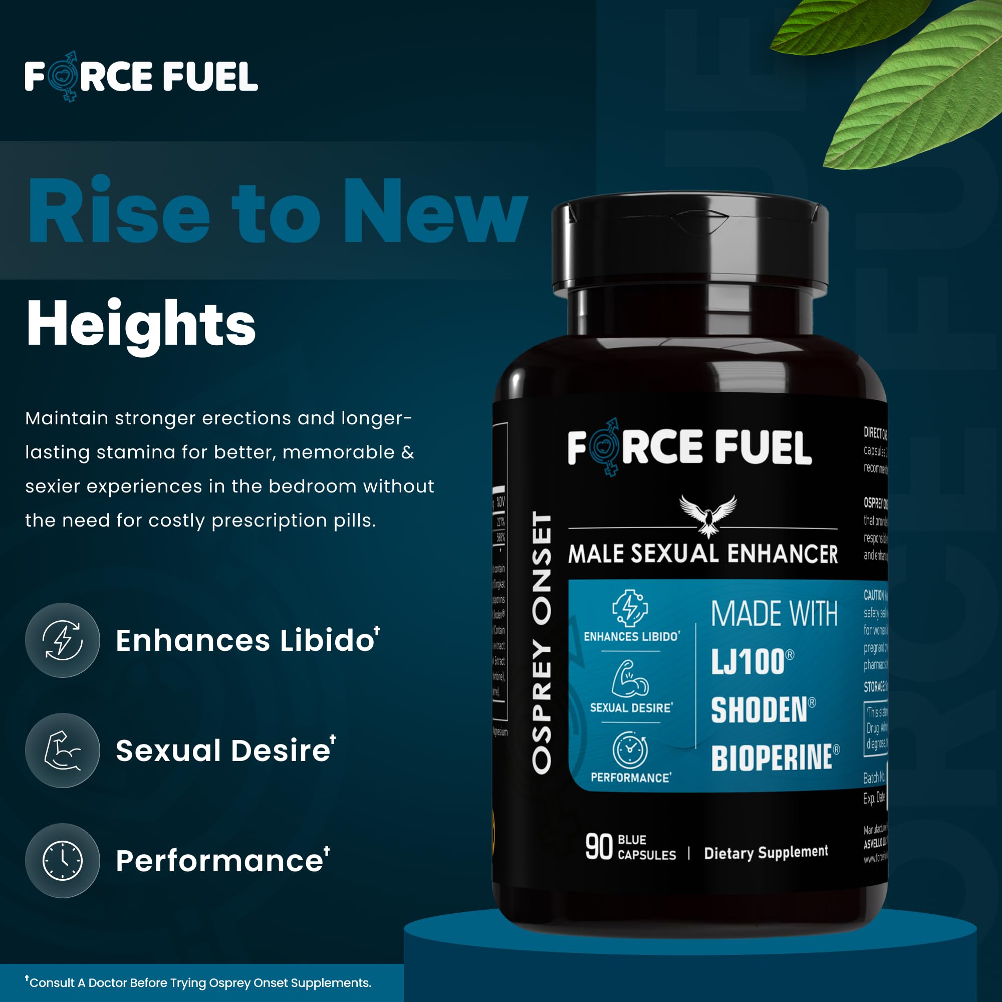 Force Fuel bottle side angle showing label with LJ100 Tongkat Ali for stamina possibilities.