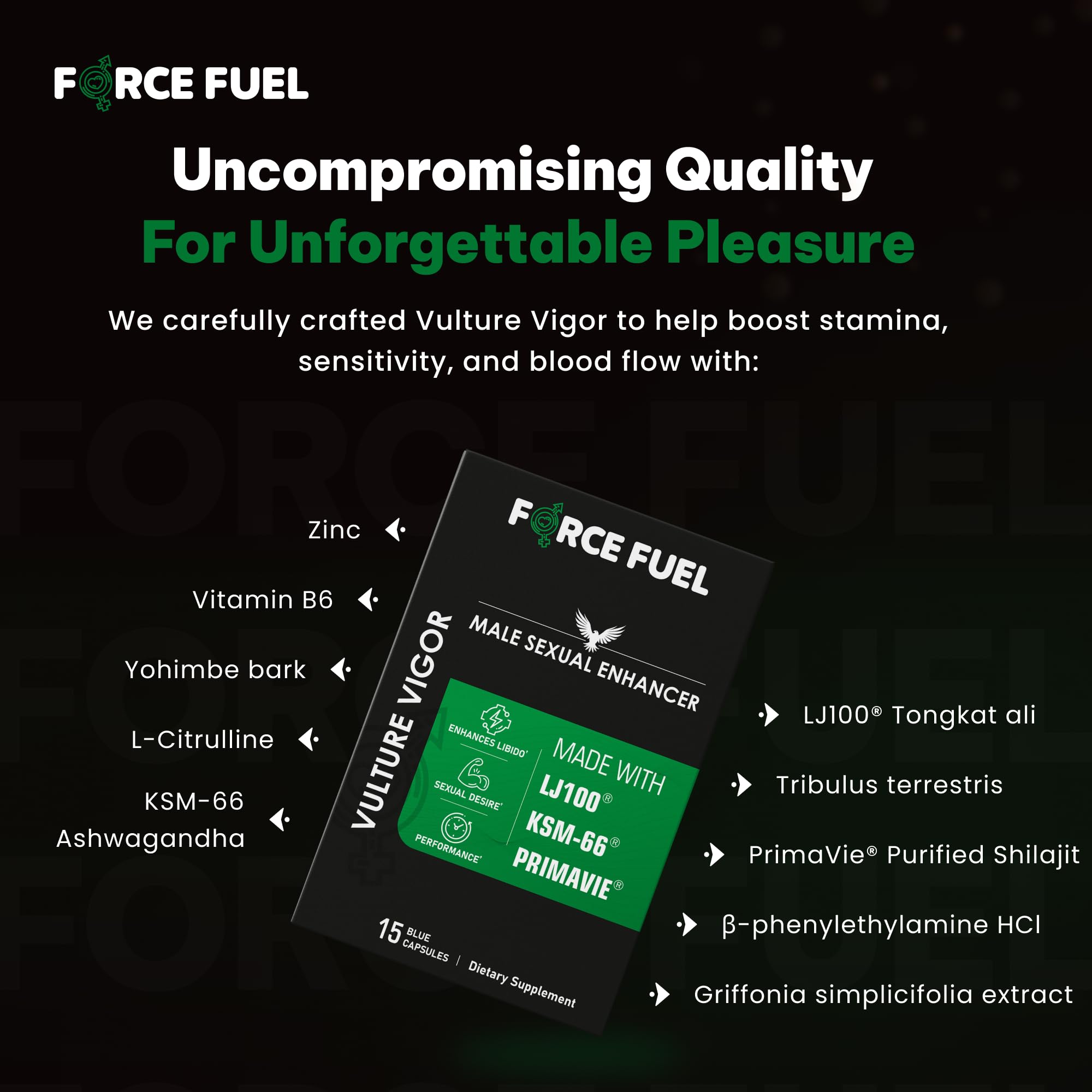 FORCE FUEL Vulture Vigor lab-tested stamp on packaging for trusted quality.