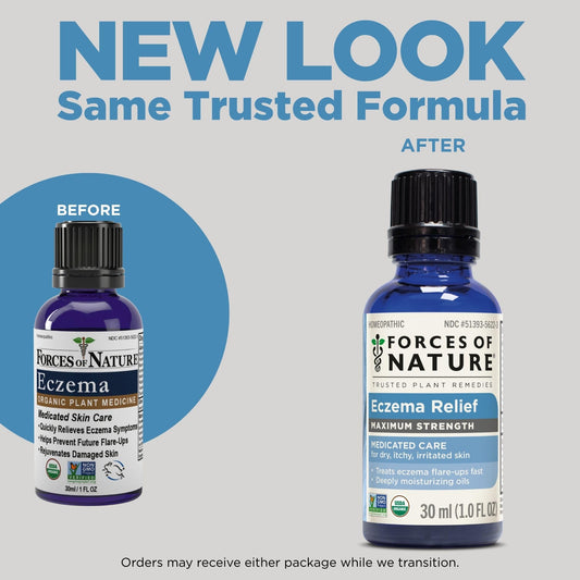 Forces of Nature Eczema Control bottle side view shows portable daily care.