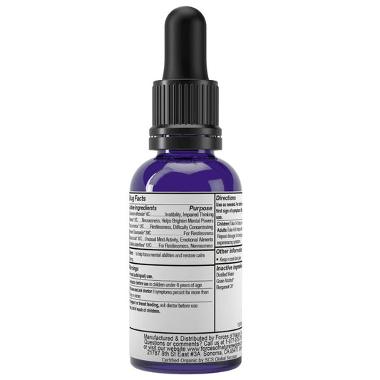 Forces of Nature Focus dropper applying drops under tongue for quick relief