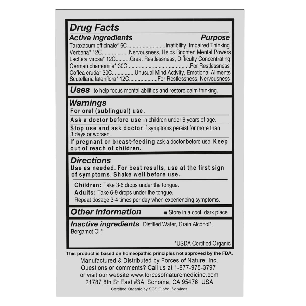 Forces of Nature Focus label close-up highlighting organic ingredients and aroma