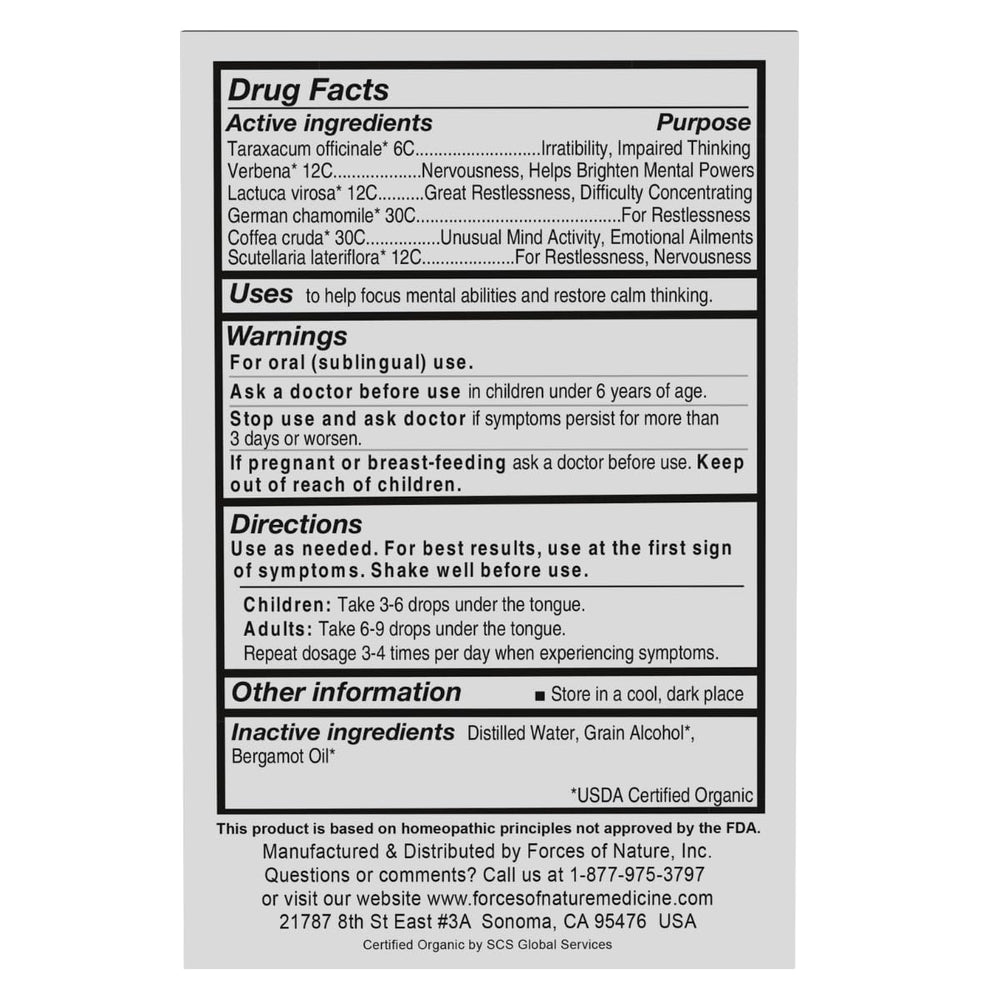 Forces of Nature Focus label close-up highlighting organic ingredients and aroma
