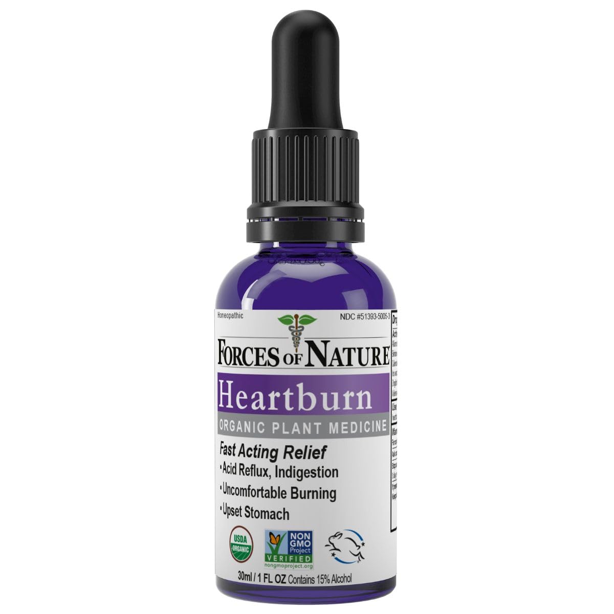 Forces of Nature Heartburn Relief bottle front showing organic, non-habit-forming relief option.