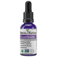 Forces of Nature Heartburn Relief bottle front showing organic, non-habit-forming relief option.