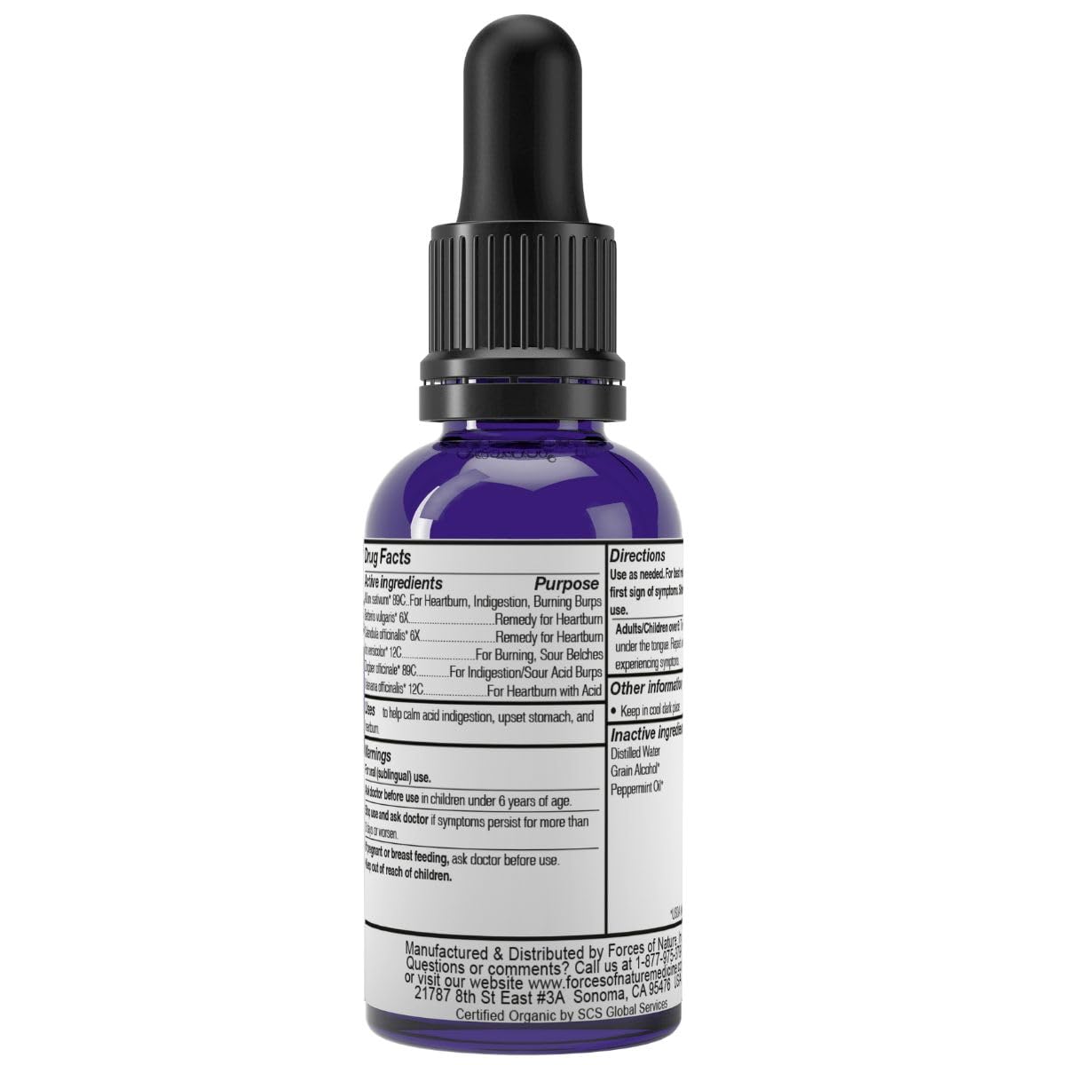 Forces of Nature Heartburn Relief dropper close-up for precise dosing.