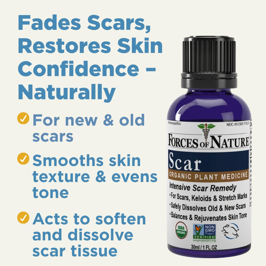 Forces of Nature rollerball application demonstrates targeted scar treatment.