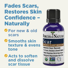 Forces of Nature rollerball application demonstrates targeted scar treatment.