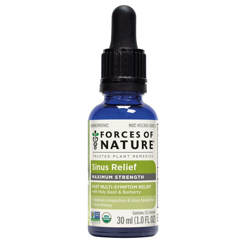 Forces of Nature Sinus Relief bottle with dropper for fast, non-drowsy relief.