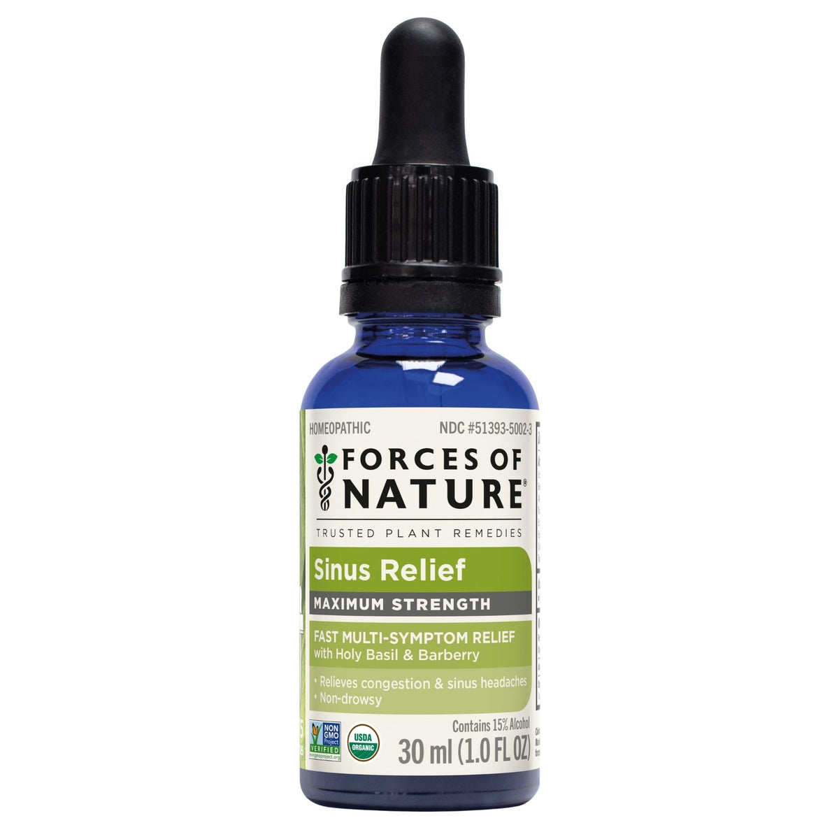 Forces of Nature Sinus Relief bottle with dropper for fast, non-drowsy relief.