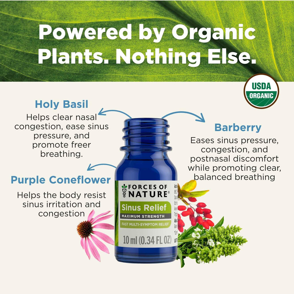 Forces of Nature Sinus Relief packaging highlighting organic status for trusted use.