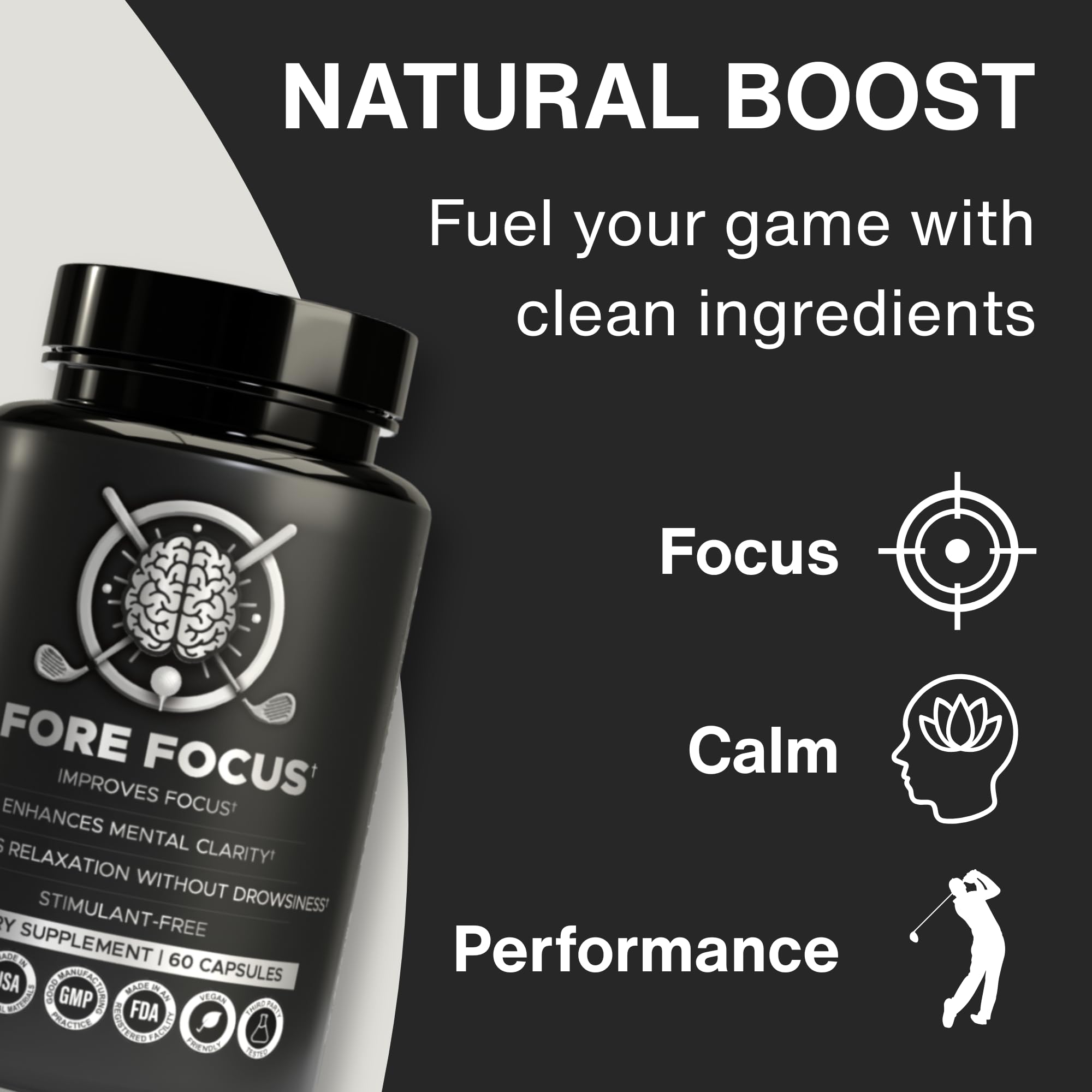 Fore Focus on the golf session scene suggests steady concentration and relaxed nerves.