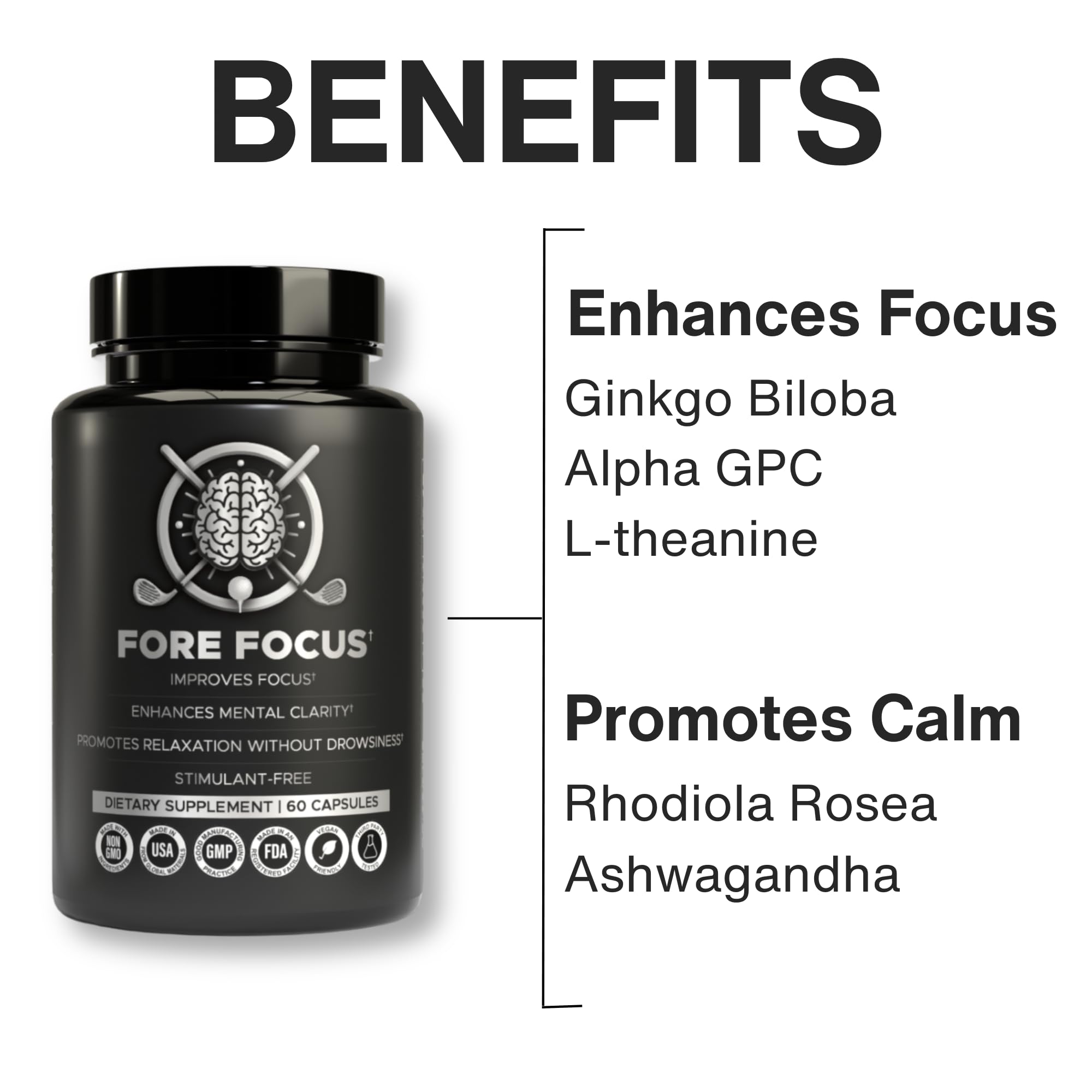 Fore Focus label detail emphasizes vegan, non-GMO promise for clean daily support.