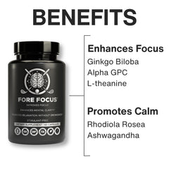 Fore Focus label detail emphasizes vegan, non-GMO promise for clean daily support.