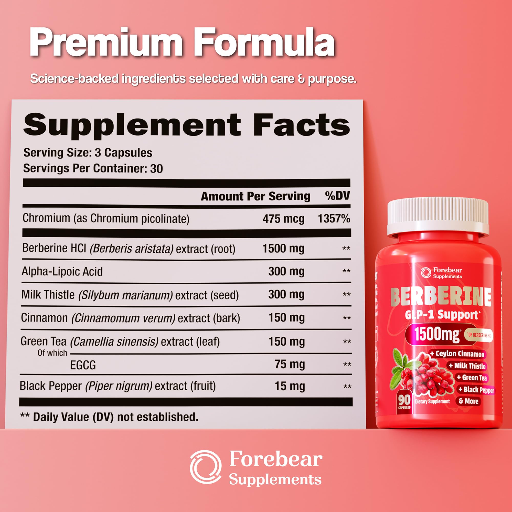 Forebear Berberine capsules closeup highlighting the high 1500mg formula for daily use.