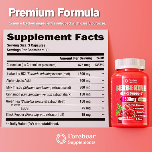 Forebear Berberine capsules closeup highlighting the high 1500mg formula for daily use.